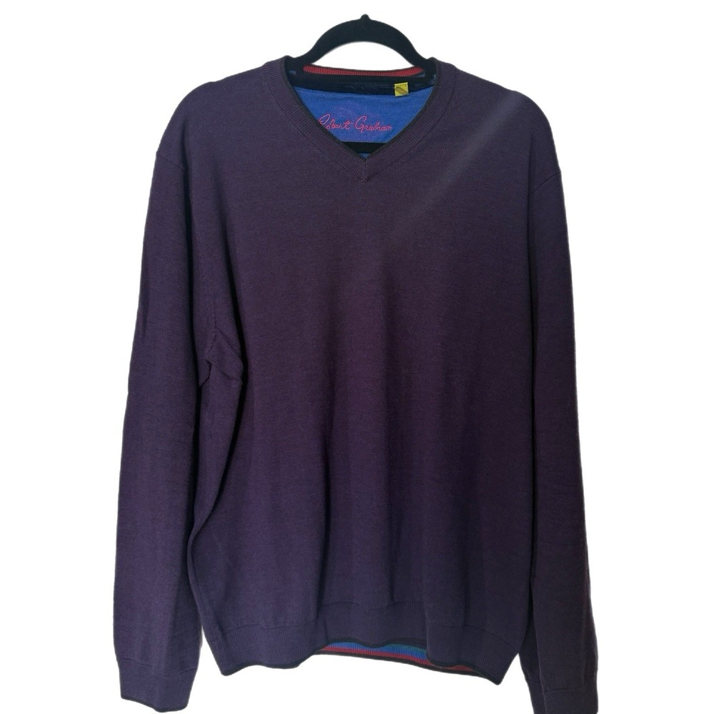 Robert Graham Sweater Men's XL‎ Purple Classic Fit Wool V Neck Black Trim